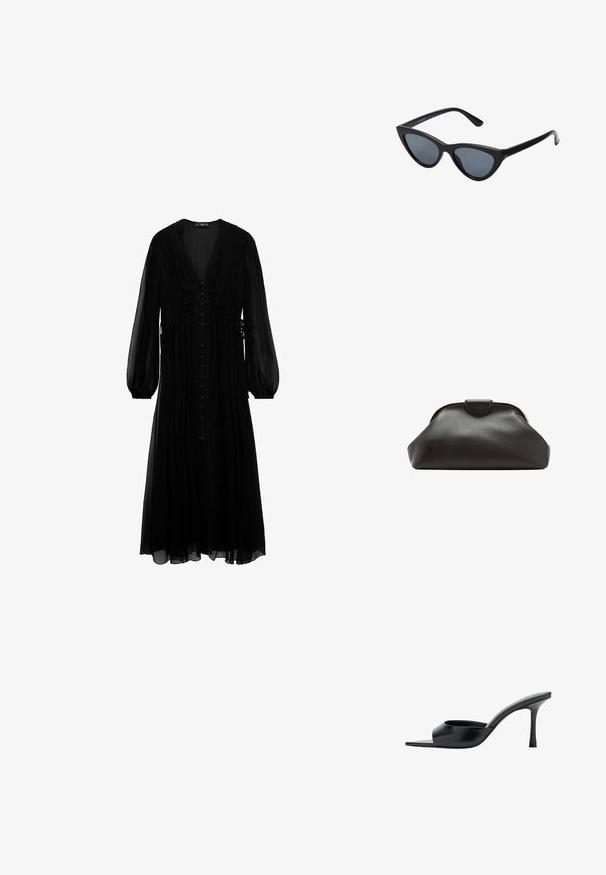 Vestido maxi negro de tela transparente, con mangas largas, escote en V profundo, botones en la parte delantera y detalles recogidos en la cintura.; Mule negro de punta abierta con tacón alto de stilettos delgado y una amplia sola tira en la parte delantera.; Gafas de sol negras en forma de ojo de gato con lentes gris oscuro, marco de plástico elegante, esquinas puntiagudas y patillas rectas. Sin herrajes ni acentos visibles.; Bolso de mano de cuero negro suave con un marco redondeado y un pequeño cierre en la parte superior central.