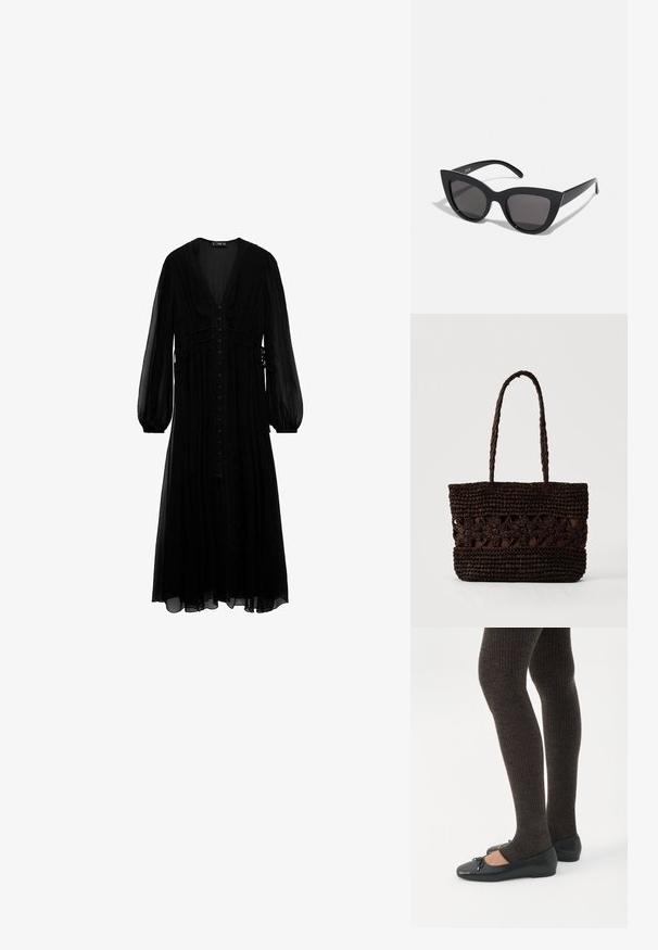 Vestido maxi negro de tela transparente, con mangas largas, escote en V profundo, botones en la parte delantera y detalles recogidos en la cintura.; Piernas con leggings oscuros acanalados combinados con bailarinas negras que presentan pequeños detalles de lazo sobre un fondo blanco.; Gafas de sol negras en forma de ojo de gato con un acabado mate, que presentan lentes ahumados grises, ángulos pronunciados y brazos laterales elegantes. Nombre de la marca visible en el interior del brazo.; Bolso tote de color marrón oscuro tejido con patrones florales y dos asas largas trenzadas sobre un fondo claro y sencillo.