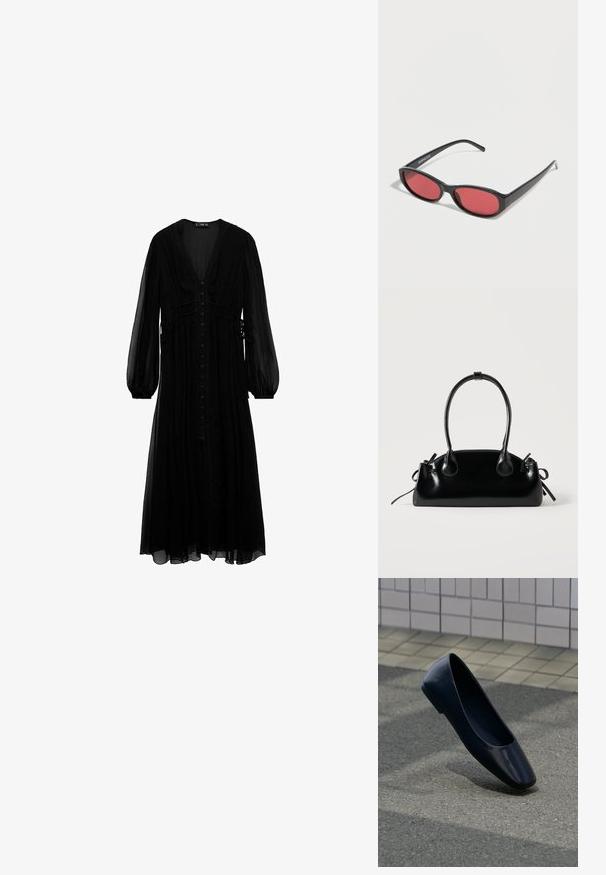 Robe maxi noire en tissu transparent, avec des manches longues, un décolleté en V profond, une fermeture à boutons sur le devant et des détails froncés à la taille.; Chaussure plate en cuir noir debout sur une surface asphaltée près du bord d'un trottoir carrelé.; Lunettes de soleil ovales noires avec des branches fines et des verres teintés rouges posées sur une surface blanche.; Petit sac à main noir brillant avec deux longues anses et des détails à cordon sur les côtés sur un fond clair uni.