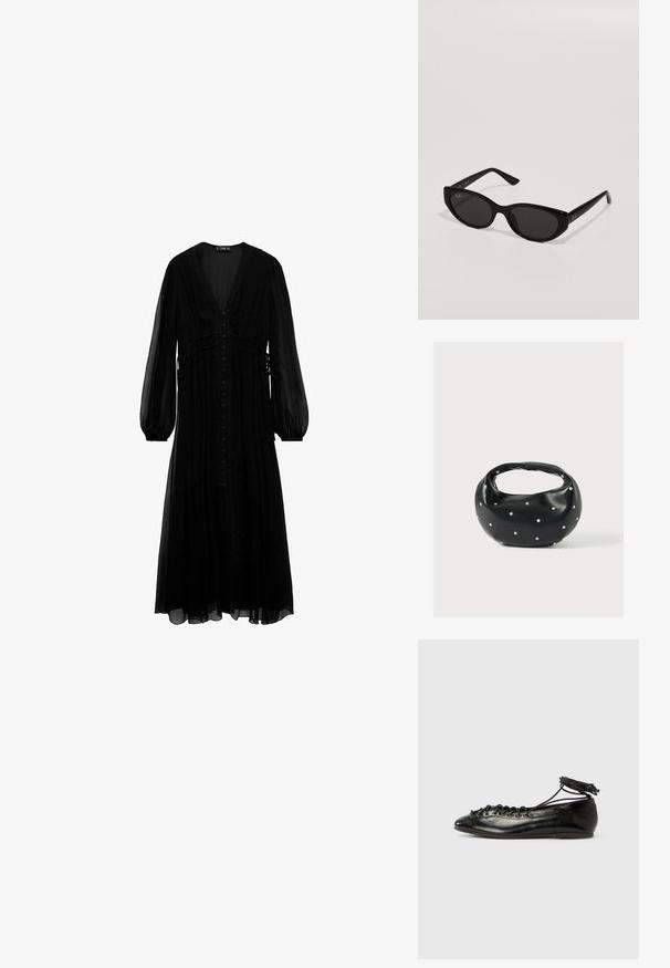 Vestido maxi negro de tela transparente, con mangas largas, escote en V profundo, botones en la parte delantera y detalles recogidos en la cintura.; Zapatos planos tipo ballet de charol negro con punta redondeada, diseño con cordones y suela plana. Textura lisa con detalles mínimos.; Gafas de sol negras con una forma de ojo de gato estrecha. Hechas de plástico suave, con lentes oscuros y sutiles acentos de logo en las patillas.; Bolso de mano de cuero negro con forma redondeada, decorado con detalles de tachuelas plateadas y un asa corta. Textura lisa y cierre con cremallera.