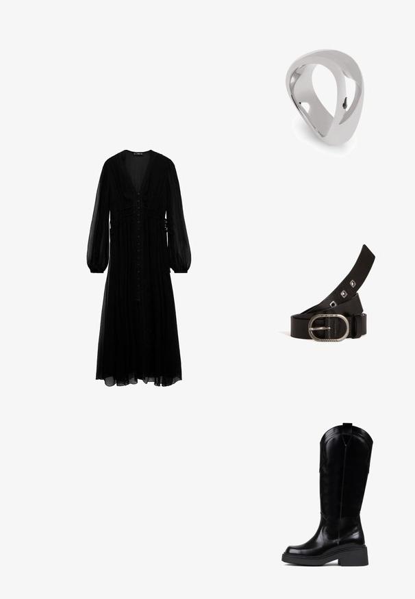 Robe maxi noire en tissu transparent, avec des manches longues, un décolleté en V profond, une fermeture à boutons sur le devant et des détails froncés à la taille.; Bronx DAFF - Bottes de cowboy / motard - black; Singularu TINA - Bague - silver-coloured; Ceinture en cuir noir avec une boucle ronde en métal argenté, présentant un logo de marque et une ardillon en métal ; comprend plusieurs trous de réglage.