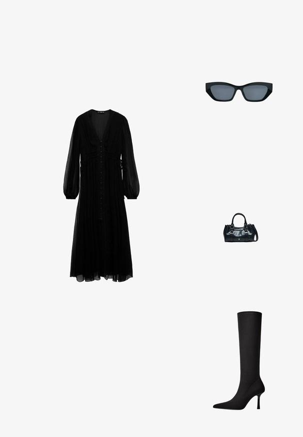 Robe maxi noire en tissu transparent, avec des manches longues, un décolleté en V profond, une fermeture à boutons sur le devant et des détails froncés à la taille.; Botte noire montante en tissu lisse avec un bout pointu et un talon aiguille fin. Présente des coutures minimales et un design épuré.; Lunettes de soleil noires style œil de chat avec des montures épaisses et des verres teintés foncés, présentées sur fond blanc.; Sac à main en cuir noir avec deux poignées supérieures, boucles décoratives et une bandoulière amovible sur fond blanc.