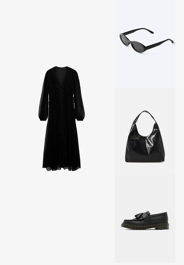 Vestido maxi negro de tela transparente, con mangas largas, escote en V profundo, botones en la parte delantera y detalles recogidos en la cintura.; Mocasines de cuero negro con punta redonda, que presentan un detalle de flecos y una banda decorativa en la parte frontal, montados sobre un tacón grueso.; Gafas de sol ovaladas negras y elegantes con lentes oscuras y patillas rectas, reposando sobre una superficie blanca.; Bolso hobo de cuero negro con una textura suave y brillante y un diseño de parte superior redondeada y abierta. Cuenta con una amplia correa curvada para llevar. Sin hardware visible.
