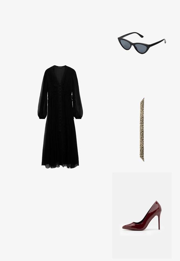 Vestido maxi negro de tela transparente, con mangas largas, escote en V profundo, botones en la parte delantera y detalles recogidos en la cintura.; Zapato de salón de tacón alto de charol burdeos con punta afilada, diseño elegante y acabado brillante; cuenta con un tacón de aguja delgado.; Gafas de sol negras en forma de ojo de gato con lentes gris oscuro, marco de plástico elegante, esquinas puntiagudas y patillas rectas. Sin herrajes ni acentos visibles.; Bufanda con estampado de leopardo en beige y negro. Forma larga y estrecha con una textura de tela suave y extremo puntiagudo. Adecuada para diversas opciones de estilo.