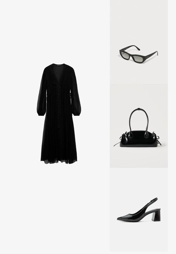 Vestido maxi negro de tela transparente, con mangas largas, escote en V profundo, botones en la parte delantera y detalles recogidos en la cintura.; Zapato slingback negro de charol con punta afilada y tacón ancho de altura media sobre fondo blanco.; Gafas de sol negras con un marco rectangular y elegante. Equipadas con lentes de degradado oscuro y la marca "vogue" en dorado en las patillas.; Pequeño bolso negro brillante con dos asas largas y detalles de cordón lateral sobre un fondo claro liso.