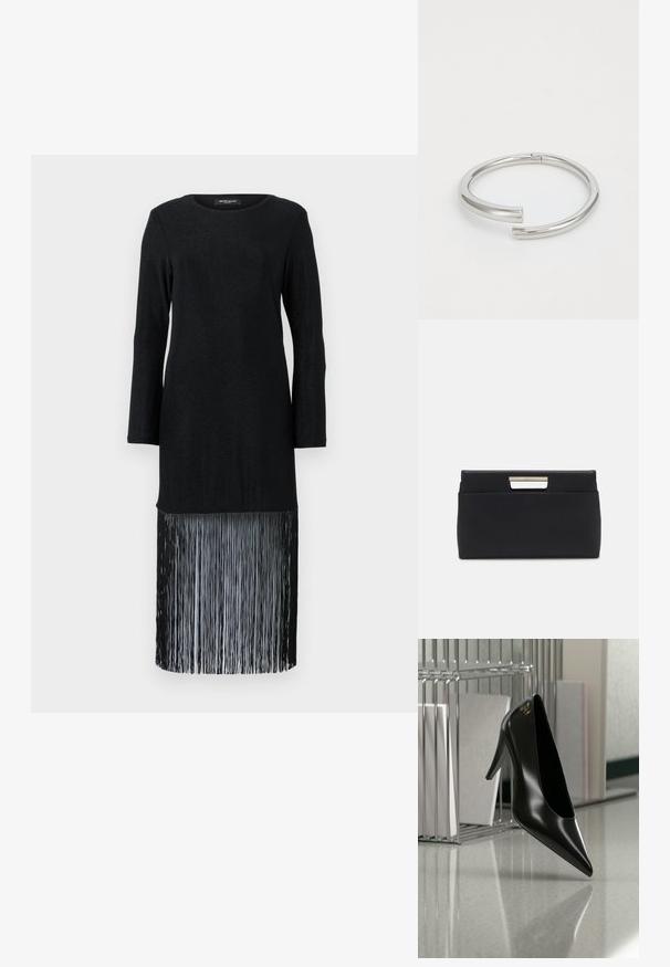 Vestido negro de manga larga que presenta un top liso y un dobladillo con flecos. La tela tiene un brillo sutil, proporcionando un contraste de textura con el detalle de los flecos.; Zapato de tacón alto negro con punta afilada y logo dorado, colocado sobre una superficie reflectante cerca de un organizador de archivos de alambre cromado con documentos.; Bolso de mano de piel negra con forma rectangular. Presenta un acento de mango metálico en el cierre, textura suave y diseño minimalista.; Calvin Klein SPIRAL - Pulsera - silver-coloured