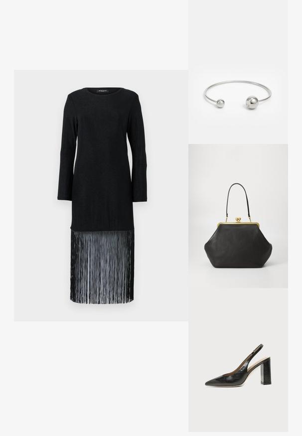 Vestido negro de manga larga que presenta un top liso y un dobladillo con flecos. La tela tiene un brillo sutil, proporcionando un contraste de textura con el detalle de los flecos.; Zapato slingback de piel negra con puntera puntiaguda, tacón alto y ancho, y forro interior beige sobre un fondo claro y liso.; COACH Bolso de mano - black; Brazalete de metal plateado con dos acentos esféricos en cada extremo, superficie lisa, diseño abierto y forma elegante y minimalista.