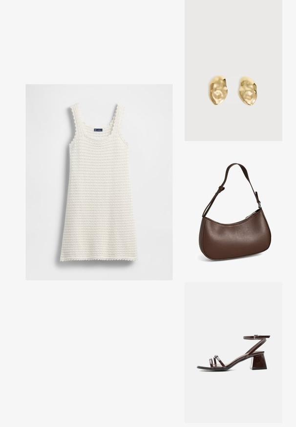 Robe sans manches tricotée en blanc avec des bords en forme de vagues et une texture en maille, posée à plat sur un fond blanc.; Sandale en cuir verni marron foncé avec talon bloc, bride à la cheville avec boucle et deux fines lanières sur les orteils sur fond blanc.; Petit sac bandoulière en cuir marron avec sangle réglable et fermeture éclair, présenté sur fond blanc. Aucun logo ou décoration visible.; Paire de boucles d'oreilles en métal doré brillant, de forme irrégulière, avec une surface froissée et lisse sur un fond clair uni.