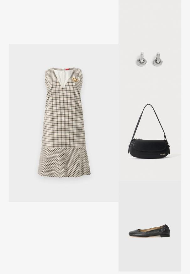 Robe sans manches beige et noire à carreaux avec un décolleté en V profond et un ourlet à volants, ornée d'une petite broche papillon en or sur le côté gauche de la poitrine.; Ballerines en cuir noir avec un bout arrondi et des coutures minimales. Talon bas et rectangulaire avec une texture lisse. Détails subtils de doublure intérieure.; Sac à épaule en cuir noir avec rabat incurvé, logo doré "HUGO" sur le devant, et une bandoulière réglable.; Paire de petites boucles d'oreilles créoles argentées brillantes avec une base ronde, présentées sur un fond clair uni.