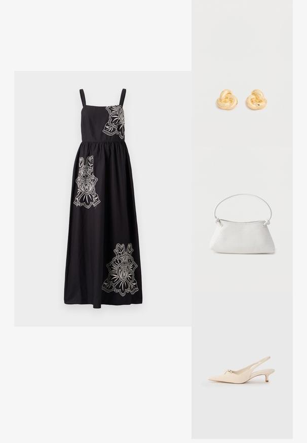 Vestido negro con tirantes finos, cinturilla fruncida y patrones florales bordados en blanco en el cuerpo y la falda.; Zapatos slingback de punta fina en cuero blanco roto, con un pequeño detalle de lazo y un tacón kitten bajo. Textura suave, diseño minimalista.; Bolso de mano de cuero blanco tejido con asa redondeada y extremos de la correa anudados, exhibido sobre un fondo liso.; Par de pendientes de botón en forma de nudo con acabado dorado brillante sobre un fondo blanco liso.