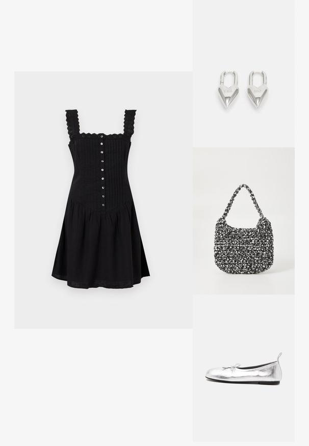 Robe noire sans manches avec bretelles en dentelle festonnées, boutons à l'avant, plis verticaux sur le corsage et jupe évasée sous la taille.; Chaussure ballerine plate métallisée argentée avec un petit nœud à l'avant, semelle noire et languette à la cheville, vue de côté.; Sac en osier noir et blanc de forme arrondie, avec une surface texturée et une poignée tressée. Convient à un usage décontracté.; Cadenas en forme de cœur en argent avec les inscriptions gravées "OUI" et "NON", finition polie, design symétrique et un robuste fermoir en métal.