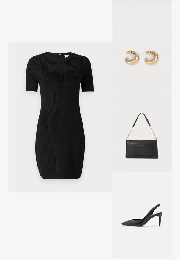 Vestido negro de punto con textura acanalada, mangas cortas y escote redondo. Cuenta con una cremallera en la parte posterior y una forma ajustada.; Zapatos de tacón alto de cuero negro con diseño de punta afilada, que presentan un corte en la parte delantera y un delgado tacón de aguja.; Clutch de cuero negro con textura de guijarro, correa de cadena dorada y un bolsillo frontal. Presenta un logo dorado en la parte delantera.; Dos pendientes de aro dorados brillantes en un diseño curvado, con acentos naranjas cerca del poste, sobre un fondo blanco liso.
