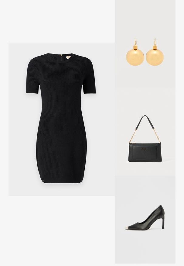 Vestido negro de punto con textura acanalada, mangas cortas y escote redondo. Cuenta con una cremallera en la parte posterior y una forma ajustada.; Zapato de tacón alto de cuero negro con punta en forma de pico y una tapa metálica plateada. Presenta un acabado suave y un tacón delgado de 10 cm.; Clutch de cuero negro con textura de guijarro, correa de cadena dorada y un bolsillo frontal. Presenta un logo dorado en la parte delantera.; Par de pendientes de bola navideña dorados brillantes con cierre de gancho sobre un fondo blanco liso.
