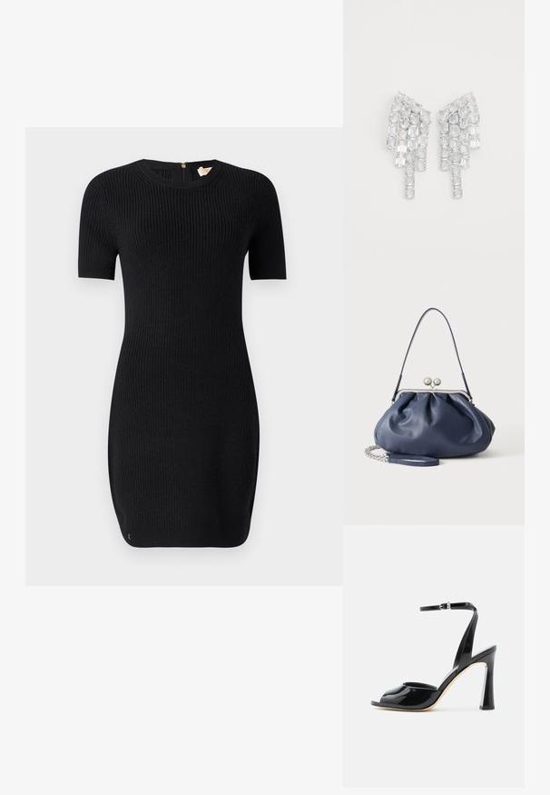 Vestido negro de punto con textura acanalada, mangas cortas y escote redondo. Cuenta con una cremallera en la parte posterior y una forma ajustada.; Sandalia de tacón alto de charol negro con puntera abierta y fina correa de tobillo con hebilla sobre fondo blanco.; Bolso de mano de cuero azul marino suave con cierre de broche plateado, una correa de hombro y correa de cadena desmontable para la muñeca sobre fondo blanco.; Pendientes de cristal transparente con un diseño alargado que presenta piedras en corte rectangular y cuadrado que caen en forma de abanico. Textura superficial brillante.