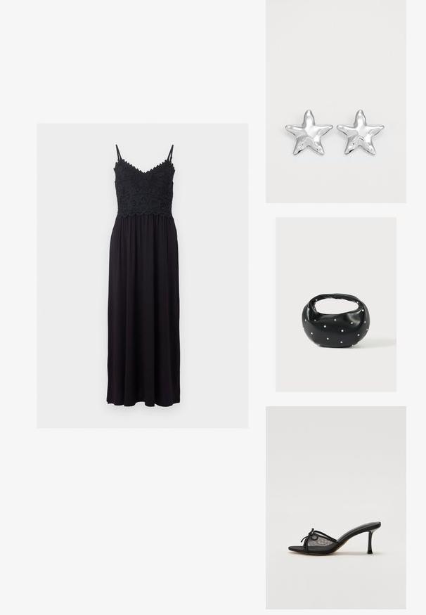 Robe maxi noire sans manches avec bretelles spaghetti et détail en dentelle florale sur le corsage, cintrée à la taille avec une jupe fluide.; Mule noir à talons avec un dessus en mesh, des fines brides et un nœud décoratif. Équipé d'un talon fin et pointu ainsi que d'une semelle intérieure texturée.; Sac à main en cuir noir de forme arrondie, décoré de clous argentés et équipé d'une poignée courte. Texture lisse et fermeture éclair.; Boucles d'oreilles argentées en forme d'étoile, avec une surface lisse et brillante. Chaque boucle d'oreille possède cinq pointes et des détails subtils de texture de surface.
