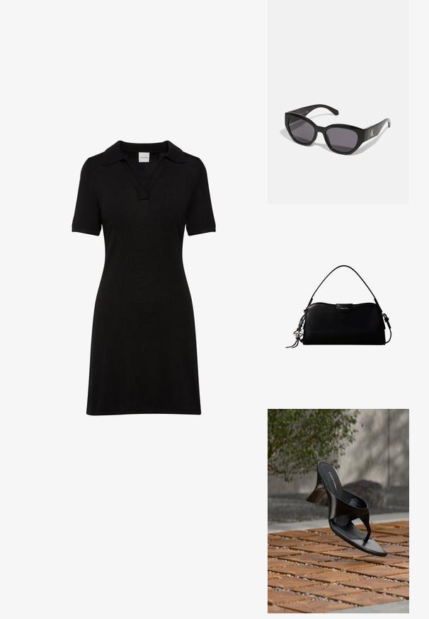 Robe-polo noire à manches courtes avec col et encolure en V, silhouette ajustée, en tissu côtelé.; Sandale à talon noire Calvin Klein en forme de tongs flottant au-dessus d'une surface extérieure carrelée avec de la verdure et un mur en béton en arrière-plan.; Lunettes de soleil noires au design lisse et angulaire, avec des verres foncés et un logo en argent contrastant sur le côté. Texture en plastique lisse.; Sac à main rectangulaire noir Calvin Klein avec une seule sangle supérieure, un charm logo argenté et une petite fermeture à rabat sur le devant.