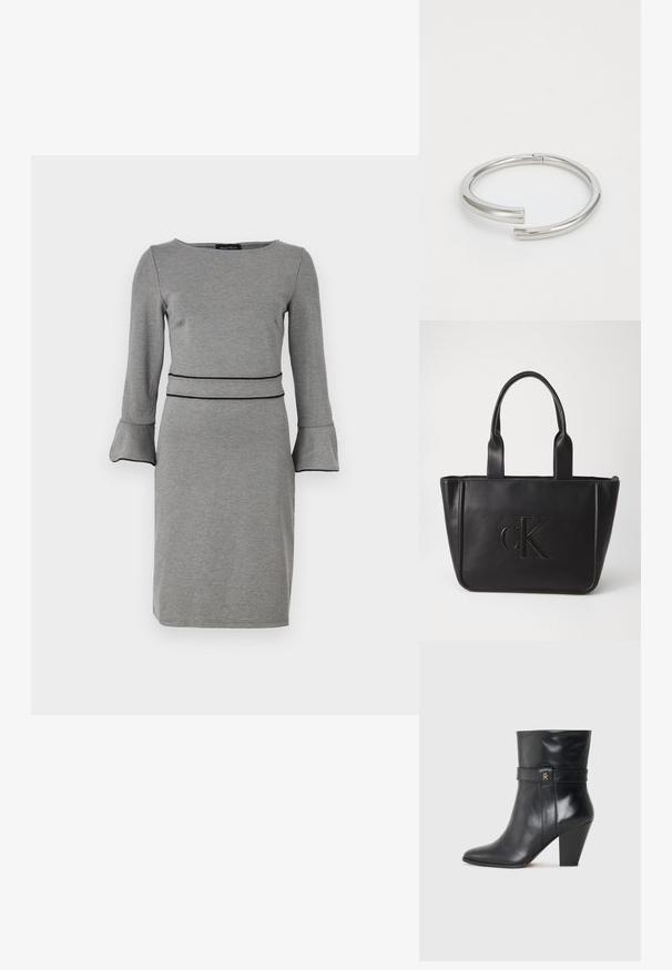 Grå kjole lavet af blødt stof med lange ærmer, udvidede manchetter, en rund halsudskæring og en markerende sort taljedetalje.; Tommy Hilfiger Højhælede støvletter - black; Sort læder tote bag med to håndtag; har præget "cK" logo; rektangulær form; glat tekstur; minimalistisk design.; Calvin Klein SPIRAL - Armbånd - silver-coloured