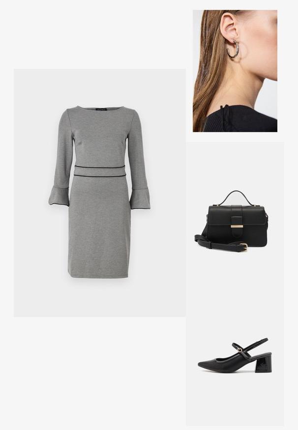 Robe grise en tissu doux avec des manches longues, des poignets évasés, un col rond et une taille définie par une ceinture noire.; Escarpins slingback en cuir verni noir avec un embout pointu, un design à découpes arrondies et un talon carré. Présente un accent de boucle en ton doré.; Sac à main en cuir noir avec des accents métalliques dorés, forme rectangulaire, fermeture à rabat, bandoulière réglable, texture lisse, design minimaliste.; Boucle d'oreille en argent avec une finition polie, présentant de petits détails en or et de forme ronde, portée sur le lobe.