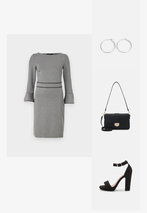Grå kjole lavet af blødt stof med lange ærmer, udvidede manchetter, en rund halsudskæring og en markerende sort taljedetalje.; Anna Field by Zalando Sandaler - black; Sort faux læder skuldertaske med rektangulær form, guld hardware, magnetlås og aftagelig rem. Tekstureret overflade.; sweet deluxe EARRING - Øreringe - silver-coloured