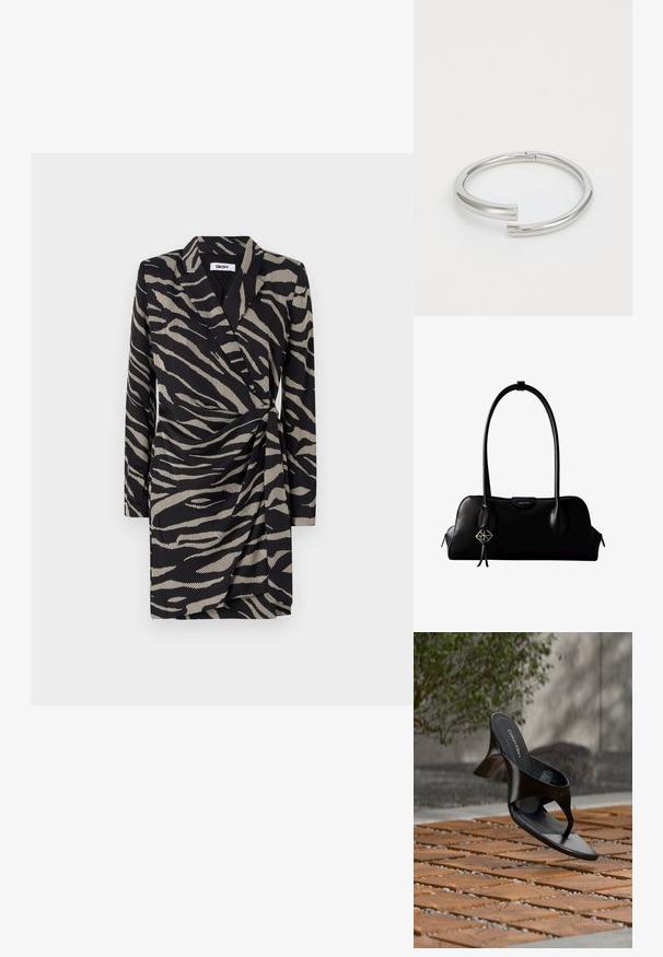 Sort omslagskjole med zebra mønster i beige. Lange ærmer og en rynket talje detalje forbedrer designet.; Sort Calvin Klein hæl-sandal med åben tå, der svæver over en udendørs flisebelagt overflade med grønne planter og en betonvæg i baggrunden.; Sort lædertaske fra Calvin Klein med lange håndtag, en forside-logo-tag og en sølv geometrisk vedhæng, der hænger fra det ene håndtag.; Calvin Klein SPIRAL - Armbånd - silver-coloured