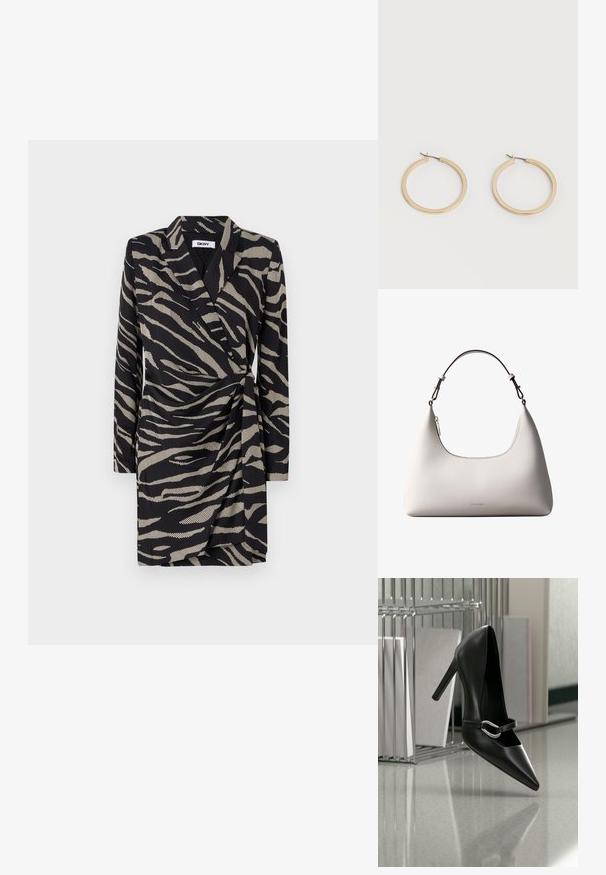 Sort omslagskjole med zebra mønster i beige. Lange ærmer og en rynket talje detalje forbedrer designet.; Sort spids højhælet sko med en sølvspænde, placeret på en reflekterende overflade nær en metalfilorganisator med papirer.; Cremefarvet skuldertaske i læder fra Calvin Klein med buet topkant, sølvfarvet lynlås og mørkebrun justerbar rem.; Par af glatte guldfarvede mellemstore øreringe med hængsellukning på en ensartet lys baggrund.