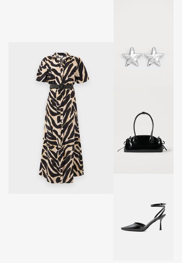 Vestido largo de botones con estampado animal en negro y beige, mangas cortas y un cinturón negro con una hebilla circular en la cintura.; Zapato de tacón alto negro de punta fina con delgadas correas en el tobillo y cierre de hebilla plateada sobre un fondo liso claro.; Pequeño bolso negro brillante con dos asas largas y detalles de cordón lateral sobre un fondo claro liso.; Pendientes en forma de estrella plateada con una superficie pulida y brillante. Cada pendiente presenta cinco puntas y sutiles detalles de textura en la superficie.