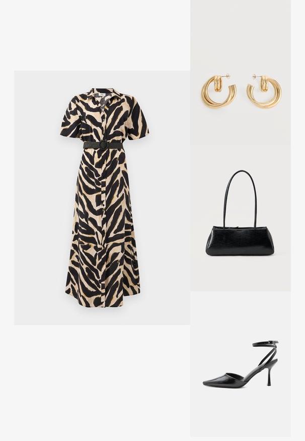 Vestido largo de botones con estampado animal en negro y beige, mangas cortas y un cinturón negro con una hebilla circular en la cintura.; Zapato de tacón alto negro de punta fina con delgadas correas en el tobillo y cierre de hebilla plateada sobre un fondo liso claro.; Bolso de hombro rectangular negro con correas largas y delgadas y una textura lisa y brillante sobre un fondo liso.; Par de pendientes de aro doble brillante de oro con cierres de presión sobre un fondo blanco.