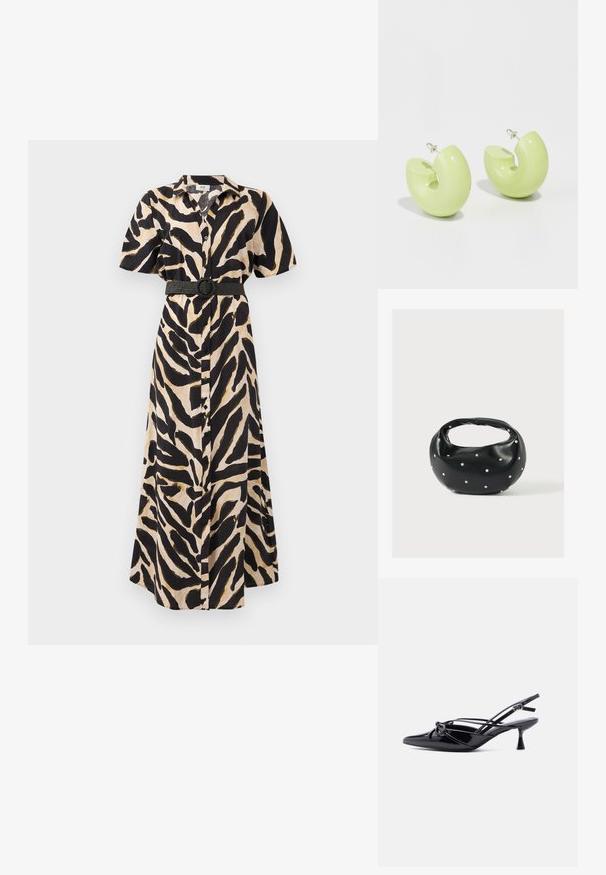 Robe longue à boutons, présentant un imprimé animal noir et beige, des manches courtes et une ceinture noire avec une boucle circulaire à la taille.; Escarpin slingback en cuir verni noir, bout pointu, petit talon kitten et nœud décoratif noué à l'avant.; Sac à main en cuir noir de forme arrondie, décoré de clous argentés et équipé d'une poignée courte. Texture lisse et fermeture éclair.; Boucles d'oreilles en résine verte dans une forme abstraite et courbée avec une finition brillante. Le design présente une attache en clou pour un port facile.
