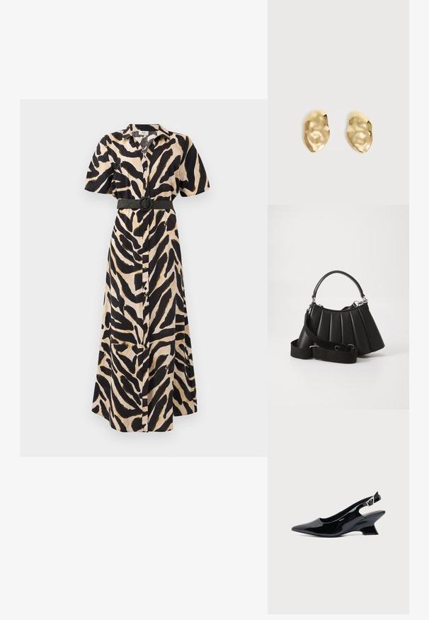 Vestido largo de botones con estampado animal en negro y beige, mangas cortas y un cinturón negro con una hebilla circular en la cintura.; Zapato slingback de cuero charol negro con puntera puntiaguda y tacón bajo en bloque inclinado sobre fondo claro liso.; Bolso de mano negro con pliegues, manejo redondeado, correa ajustable y textura brillante. Presenta herrajes plateados y una silueta estructurada.; Par de pendientes de metal dorado brillante, con forma irregular y superficie arrugada y lisa sobre un fondo claro y sencillo.