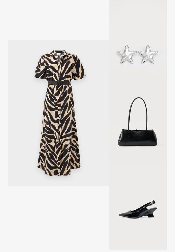 Lange, knoopdoorlopende jurk met een zwart en beige dierenprint, korte mouwen en een zwarte riem met een ronde gesp in de taille.; Zwarte lakleren slingback schoen met spitse neus en lage schuine blokhak op een effen lichte achtergrond.; Zwarte rechthoekige schoudertas met lange dunne banden en een gladde, glanzende textuur op een effen achtergrond.; Zilveren stervormige oorbellen met een gepolijste, glanzende afwerking. Elke oorbel heeft vijf punten en subtiele textuurdetails op het oppervlak.