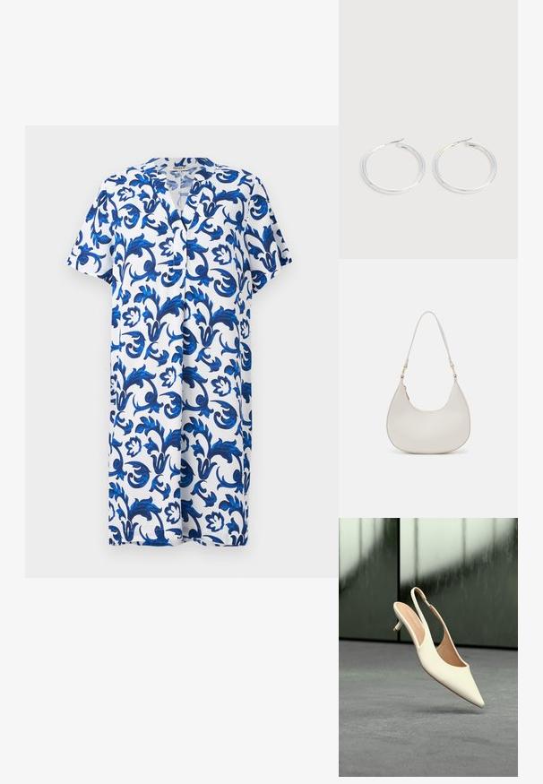 Vestido de manga curta, até ao joelho, com decote em V, apresentando um padrão floral azul sobre um fundo branco, feito de um tecido leve.; Sapato de senhora bege com bico fino e salto baixo tipo kitten, flutuando sobre um chão cinza contra um fundo escuro desfocado.; Saco de ombro em pele creme com formato de crescente, alça fina e detalhe de costura subtil. Design minimalista com acabamentos em metal dourado.; Par de brincos de argola prateados e brilhantes com fechos finos de arame, exibidos sobre um fundo cinzento claro.