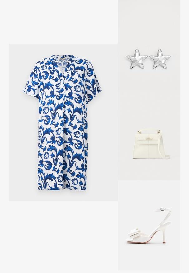 Kurzärmliges, knielanges Kleid mit V-Ausschnitt, mit einem blauen Blumenmuster auf weißem Hintergrund, aus leichtem Stoff hergestellt.; Weiße Sandalette mit hohem Absatz, Knöchelriemen, offenem Zehenbereich und dekorativer Schleife am vorderen Riemen vor einfachem Hintergrund.; Weiße Lederhandtasche mit klarer Form, oberem Griff, abnehmbarem Schulterriemen und silberner Verschlussklemme. Glatte Textur, minimalistisches Design.; Silberne sternförmige Ohrringe mit einer polierten, glänzenden Oberfläche. Jeder Ohrring hat fünf Spitzen und dezente Oberflächentexturdetails.