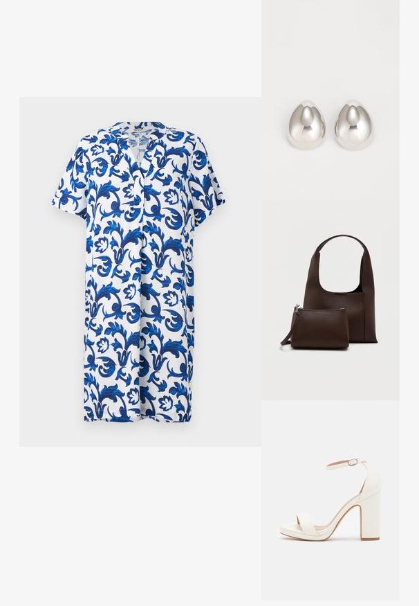 Vestido de manga corta, hasta la rodilla, con escote en V, que presenta un patrón floral azul sobre un fondo blanco, hecho de una tela ligera.; Sandalias de tacón alto blancas con correa en el tobillo, diseño minimalista, punta abierta, tacón cuadrado y textura de cuero suave.; Bolso de mano sintético marrón con un asa curvada y una textura suave. Incluye un neceser pequeño a juego con cremallera. Diseño minimalista.; Pendientes de oreja metálicos plateados con un diseño suave y redondeado que recuerda a la forma de una gota, con una superficie reflectante y un acabado sin costuras.