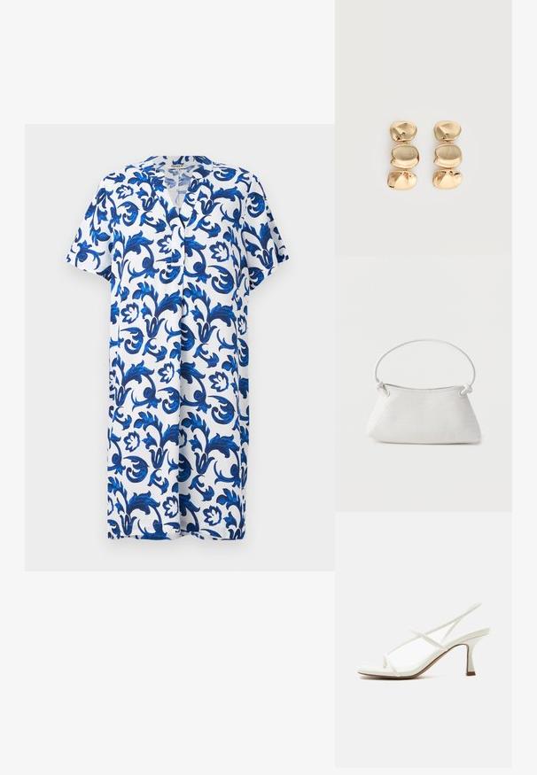 Vestido de manga corta, hasta la rodilla, con escote en V, que presenta un patrón floral azul sobre un fondo blanco, hecho de una tela ligera.; Sandalia blanca de mujer con tacón, puntera abierta, tiras delgadas cruzadas y talonera en un fondo claro.; Bolso de mano de cuero blanco tejido con asa redondeada y extremos de la correa anudados, exhibido sobre un fondo liso.; Pendientes colgantes en tono dorado con tres segmentos irregulares, lisos y redondeados apilados verticalmente sobre un fondo claro y liso.