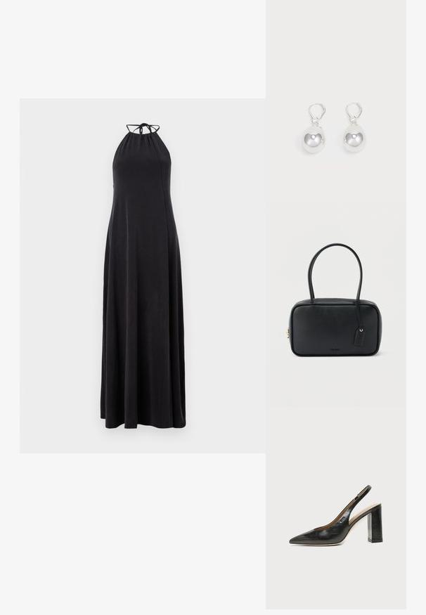 Robe maxi noire à encolure dégagée avec un buste froncé et une jupe fluide, fabriquée en tissu lisse. Présente une fermeture à lien au niveau du cou.; Chaussure slingback en cuir noir à bout pointu avec un talon bloc haut et une doublure intérieure beige sur un fond clair uni.; Sac à main rectangulaire noir avec doubles poignées arrondies, fermeture éclair dorée et logo "HUGO" embossé sur le devant avec une étiquette en cuir attachée.; Boucles d'oreilles en argent en forme de goutte avec des surfaces lisses, rondes et réfléchissantes, suspendues à des fermoirs à ressort. L'arrière-plan est blanc uni.