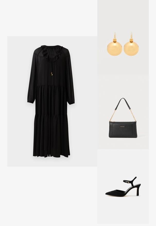 Zwarte lange mouwen jurk met een rimpelnek, elastische taille en gelaagde rok. Gemaakt van een lichtgewicht stof. Eenvoudige gouden hardware accenten.; Zwarte suède pumps met hoge hak, puntige neus en een smalle enkelriem met een kleine gouden gesp.; Zwarte leren clutch met een gepolijste textuur, gouden schouderband en een voorvak. Voorzien van een gouden logo op de voorkant.; Een paar glanzende gouden kerstbal-oorbellen met haaksluitingen op een effen witte achtergrond.