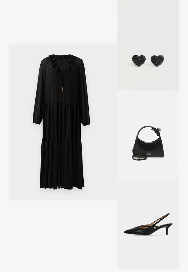 Schwarzes langärmliges Kleid mit einem rüschierten Ausschnitt, elastischer Taille und gestuftem Rock. Hergestellt aus einem leichten Stoff. Schlichte goldene Hardware-Akzente.; Schwarzer Leder-Slingback-Schuh mit spitzer Schuhspitze, niedrigem Kitten-Heel und goldener Schnalle vorne.; Schwarze Marc Jacobs Handtasche mit einem gebogenen Griff und einer angehefteten schwarzen Haarklammer auf einem weißen Hintergrund.; Schwarze, herzförmige Ohrstecker, bedeckt mit kleinen, glänzenden Perlen, vor einem schlichten hellen Hintergrund.