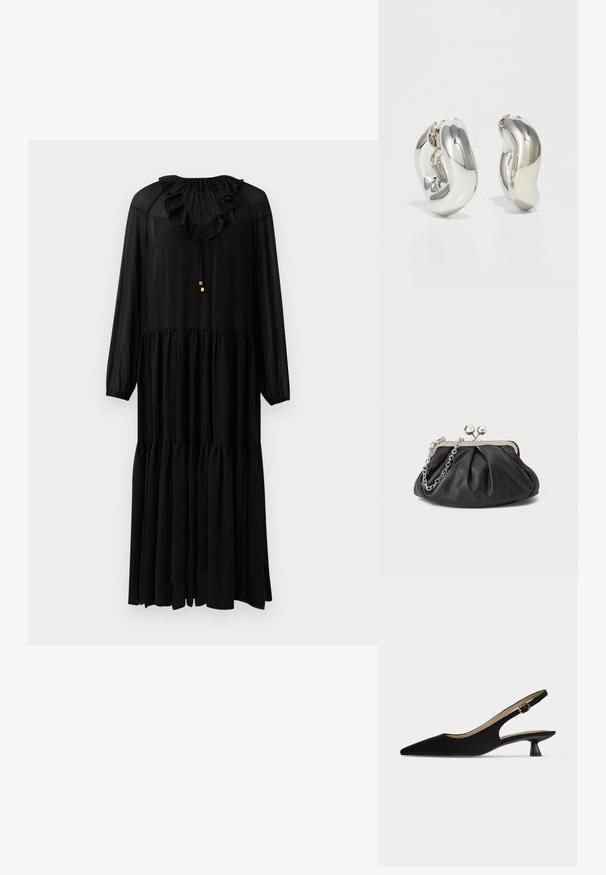 Schwarzes langärmliges Kleid mit einem rüschierten Ausschnitt, elastischer Taille und gestuftem Rock. Hergestellt aus einem leichten Stoff. Schlichte goldene Hardware-Akzente.; Schwarzer Slingback-Schuh mit spitzer Kappe, niedrigem Kitten-Heel und goldener Schnallenriemen, im Profil auf hellem, einfarbigem Hintergrund gezeigt.; Schwarze Leder-Clutch mit geraffter Textur, silberfarbener Metallrahmen, Druckverschluss und Kettenriemen. Glatte, weiche Oberfläche.; Silberne skulpturale Ohrringe mit glatten, geschwungenen Formen und reflektierenden Oberflächen. Sie verfügen über ein geschlossenes Ringdesign und eine ausgeprägte organische Form.