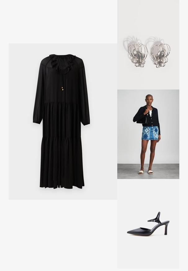 Zwarte lange mouwen jurk met een rimpelnek, elastische taille en gelaagde rok. Gemaakt van een lichtgewicht stof. Eenvoudige gouden hardware accenten.; Zwarte pumps met spits toelopende neus, dunne enkelriem en zilveren gesp, glad lederen afwerking, elegante damesschoen.; Zwarte gebreide cardigan, witte top, denimrok met blauw en zwart ruitpatroon, zwarte handtas en beige instapsandalen.; Een paar zilveren metalen oorbellen met een open draadkooi-ontwerp en gladde centrale ovale vormen die gebogen schaduwen werpen op een witte achtergrond.