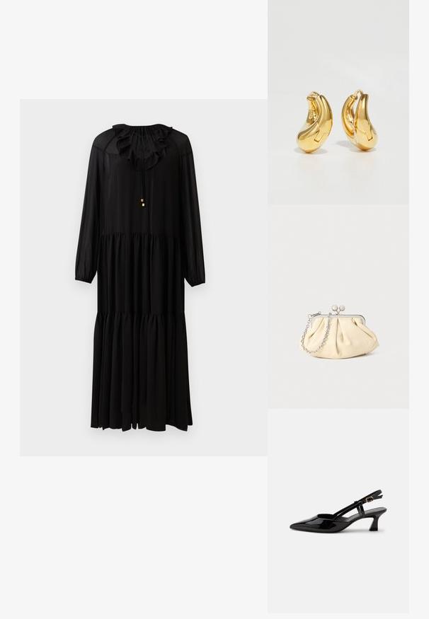 Vestido negro de manga larga con escote con volantes, cintura elástica y falda con capas. Fabricado en una tela ligera. Detalles de hardware en dorado sencillo.; Zapato slingback de charol negro con tacón bajo, punta puntiaguda y correa ajustable con hebilla dorada sobre fondo blanco.; Clutch de cuero beige plisado con un marco de metal plateado, que cuenta con dos broches decorativos redondos y una correa de cadena plateada.; Pendientes de aro de oro con forma curva y suave, y acabado pulido. Presentan un mecanismo de cierre y ligeras indentaciones para un toque de detalle.