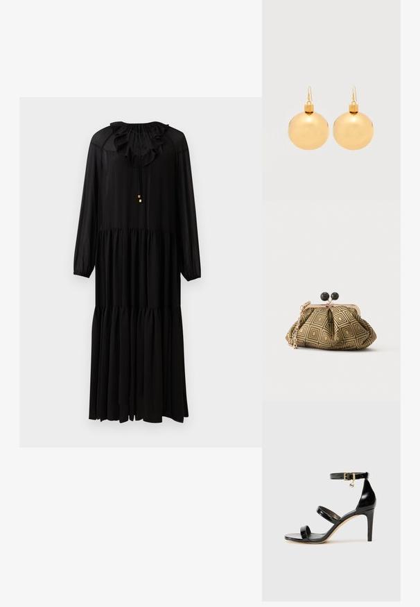 Zwarte lange mouwen jurk met een rimpelnek, elastische taille en gelaagde rok. Gemaakt van een lichtgewicht stof. Eenvoudige gouden hardware accenten.; Zwarte gepatineerde leren sandaal met drie banden, enkelgesp en 10 cm hoge stiletto hak. Bevat gouden hardwaredetails en een logo charm.; Kleine clutch tas met goud-zwart geometrisch patroon, goudkleurig metalen frame, zwarte bolsluiting en een korte gouden kettingband.; Een paar glanzende gouden kerstbal-oorbellen met haaksluitingen op een effen witte achtergrond.