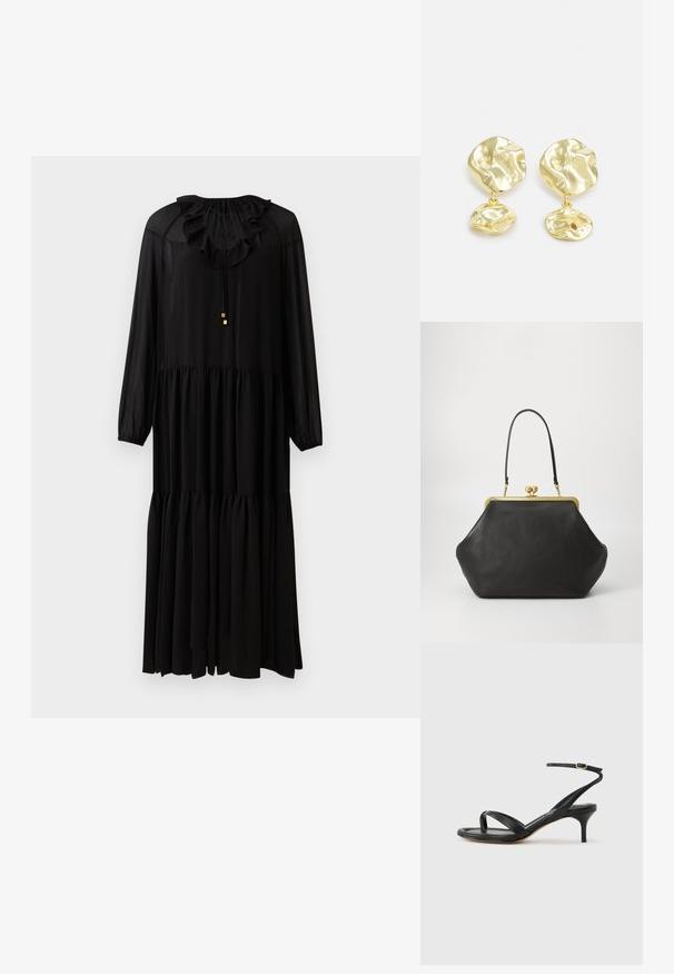 Schwarzes langärmliges Kleid mit einem rüschierten Ausschnitt, elastischer Taille und gestuftem Rock. Hergestellt aus einem leichten Stoff. Schlichte goldene Hardware-Akzente.; Schwarze Ledersandale für Damen mit dünnen Riemchen, einer Zehenlasche, einer Knöchelschnalle und einem mittelhohen Stöckelabsatz vor neutralem Hintergrund.; COACH Handtasche - black; Goldfarbene Tropfohrringe mit einem abstrakten, strukturierten Design, bestehend aus zwei unregelmäßig geformten Elementen, wobei eines größer oben und das andere kleiner darunter ist.