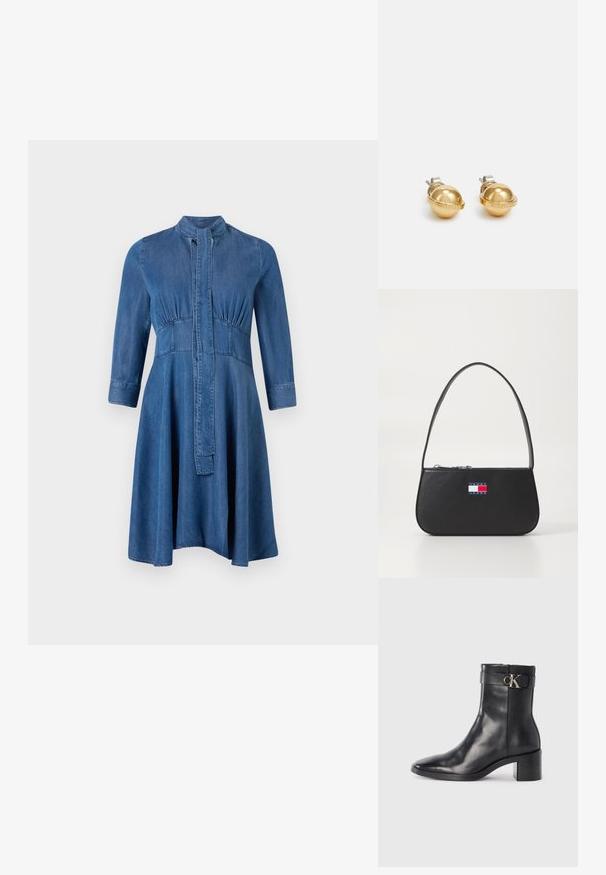 Denimkleit, millel on terved bodice, pikad varrukad, püstitatud krae ja laienev seelik; sisaldab nööpidega esipaneeli ja kogutud detaile.; Must musta ankle boot terava nina, plokke konts ja rihm, millel on metalliline logo detail. Sile tekstuur ja minimaalne disain.; Must must must naha must nahal köitega, lühikese sangaga ja lukuga. Ees on mitmevärviline logo plaat.; Kuldtooni metallist stud-kõrvarõngad domes kuju, hõbetoonise klambertagusega ja reljeefse brändinime detailiga. Sile, läikiv pind.