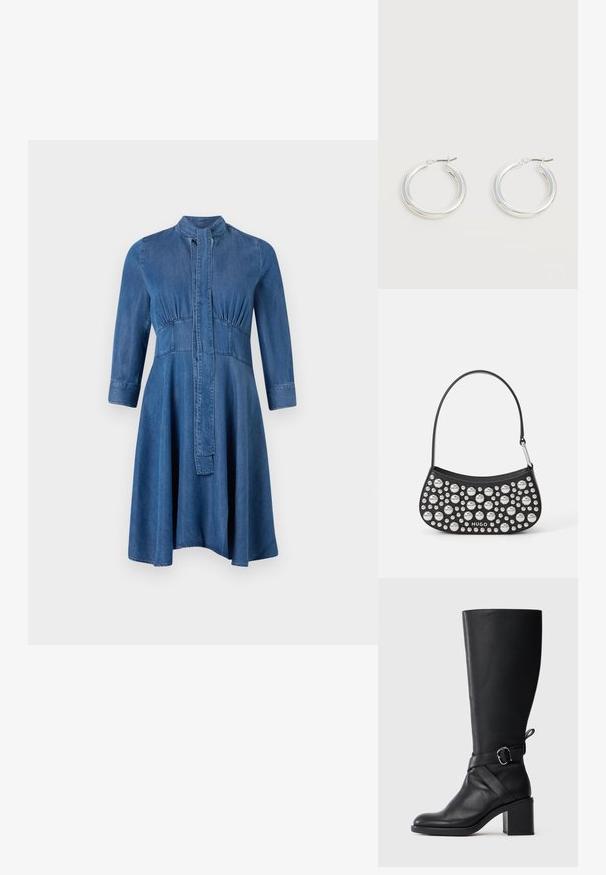 Denimkjole med en tætsiddende top, lange ærmer, stående krave og en svajende nederdel; har en knaplukning foran og samlet detalje.; Sort læder støvle til midt på læggen med blokhæl og dekorativ strop med sølvfarvet spænde på en enkel lys baggrund.; Sort læderhåndtaske med en buet form, prydet med sølvfarvede nitter i forskellige størrelser og en kort rem. "HUGO" logoet er trykt på forsiden.; Par mellemstore skinnende sølv hoops øreringe med tynde metal spænder på en lys neutral baggrund.