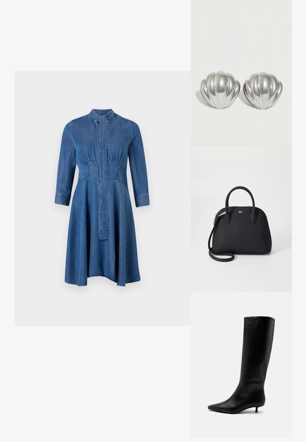 Denimkjole med en tætsiddende top, lange ærmer, stående krave og en svajende nederdel; har en knaplukning foran og samlet detalje.; Sort læder knæhøj støvle med spids snude og lav kittenhæl mod en ensfarvet lys baggrund.; Sort håndtaske lavet af tekstureret materiale, med to top håndtag og en aftagelig skulderrem, prydet med et sølv logo.; To sølvfarvede kompakte spejle formet som muslingeskaller med ribbede detaljer, placeret side om side på en hvid baggrund.