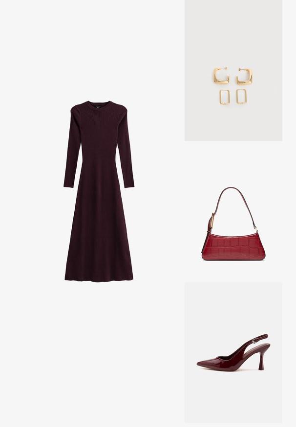 Geribbelde bordeauxrode lange mouwen jurk met een ronde halslijn, vloeiende silhouet en een ontwerp tot de enkel, gemaakt van rekbaar materiaal.; Glanzende donkerrode slingback pump met spitse neus, smalle verstelbare band en taps toelopende naaldhak op witte achtergrond.; Kleine rode handtas met krokodillenprint en een enkele band met een gouden gesp op een witte achtergrond.; Twee paar gouden geometrische creolen op een effen witte ondergrond, een paar vierkant en massief, een paar rechthoekig en hol.