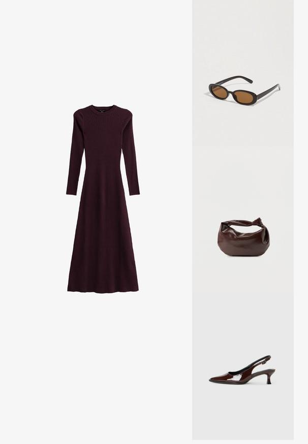 Vestido largo de manga larga de canalé en color marrón burdeos, con escote redondo, silueta fluida y diseño de longitud completa, hecho de tejido elástico.; Zapatos de tacón destalonados de charol marrón con punta puntiaguda, una delgada correa en el tobillo y un tacón bajo y acampanado. Textura lisa y brillante.; Gafas de sol con lentes ovaladas marrones, montura de plástico negro y varillas delgadas. Textura suave con un diseño minimalista.; Bolso de hombro de cuero marrón oscuro con una forma suave y caída, y un asa con nudo torcido sobre un fondo blanco liso.