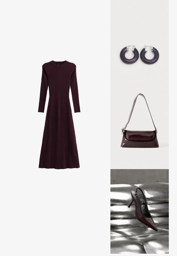 Robe longue maroon côtelée à manches longues avec un col rond, une silhouette fluide et une coupe longue, confectionnée en tissu stretch.; Chaussure slingback à talon haut rouge foncé avec bout pointu reposant sur une surface matelassée argentée métallique brillante.; Sac à bandoulière en cuir bordeaux foncé avec fermeture à rabat et une fine sangle réglable, présenté sur un fond clair uni.; Boucles d'oreilles en résine violet avec des accents en métal argenté. Forme circulaire avec une finition brillante, dotées d'une fermeture à charnière sécurisée.