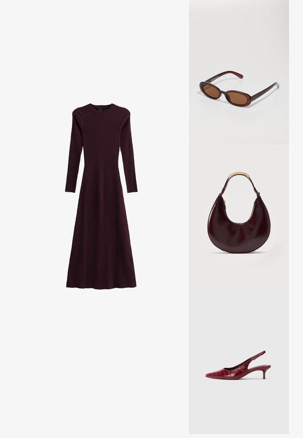 Geribbelde bordeauxrode lange mouwen jurk met een ronde halslijn, vloeiende silhouet en een ontwerp tot de enkel, gemaakt van rekbaar materiaal.; Bordeaux lederen slingback pump met krokodillenstructuur, puntige neus, verstelbare gesp en lage kittenhak op een witte achtergrond.; Ronde, bruin getinte zonnebril met een glanzend bordeauxrood frame. Slanke pootjes met subtiele merkdetails. Vlakke lensontwerp.; Donkerbruine, halvemaanvormige leren handtas met een korte handgreep voorzien van een metalen accent in goudkleur en een zijrits.