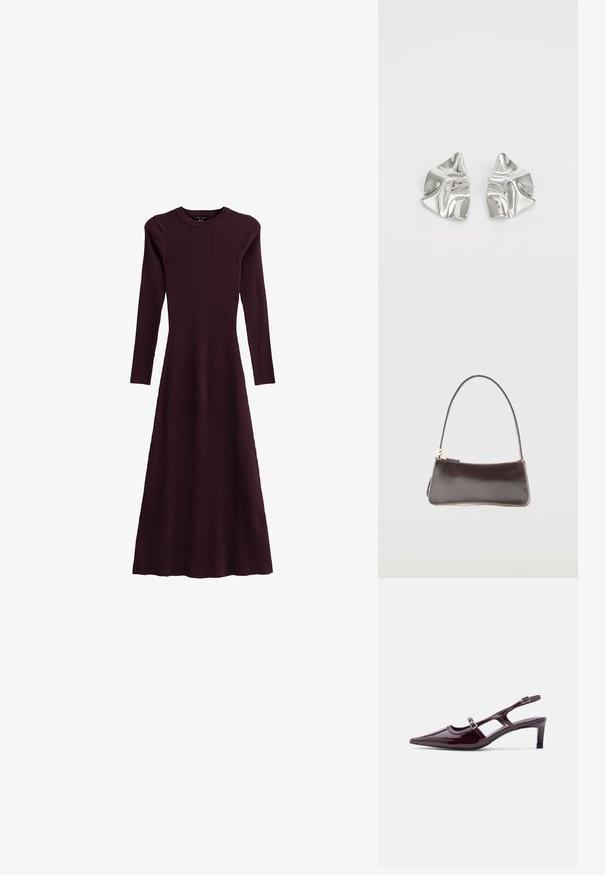 Geribbelde bordeauxrode lange mouwen jurk met een ronde halslijn, vloeiende silhouet en een ontwerp tot de enkel, gemaakt van rekbaar materiaal.; Bordeaux lakleren slingback schoen met spitse neus, lage hak en dubbele verstelbare gespsluitingen.; Kleine rechthoekige donkerbruine leren handtas met een enkele riem en een goudkleurige ritssluiting.; Zilveren metalen oorbellen met een golvend, sculpturaal ontwerp, voorzien van een gepolijste afwerking en onregelmatige vormen, die een hedendaagse esthetiek benadrukken.
